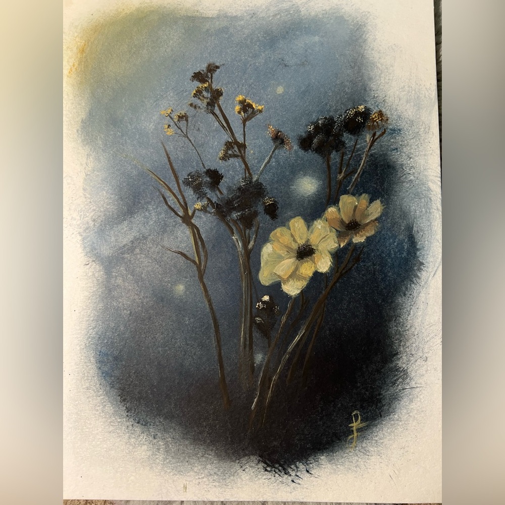 Floral Art Painting with Blue and Yellow Accents